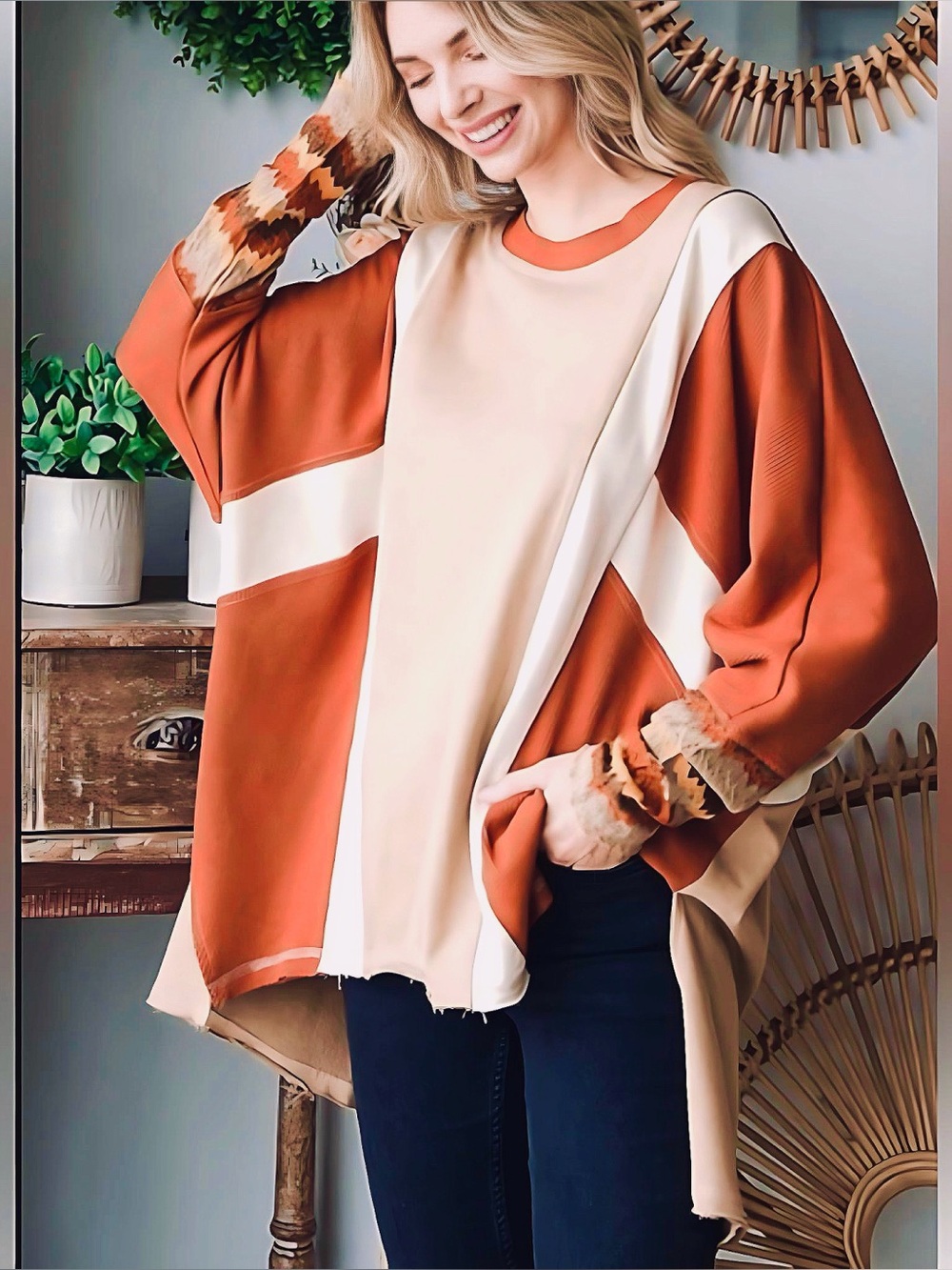 Oli and Hali Asymmetric Earth Tone with Pattern Detail Sleeves!